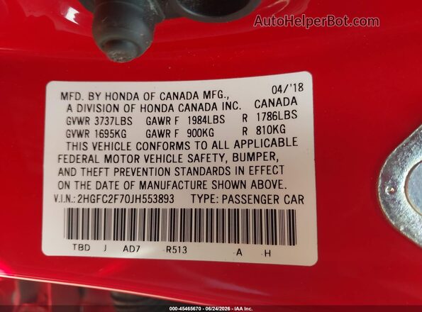 2HGFC2F70JH553893 2018 HONDA CIVIC Red ძრავის განყოფილების ხედი