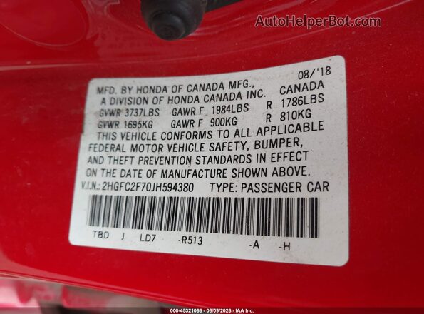2HGFC2F70JH594380 2018 HONDA CIVIC Red 