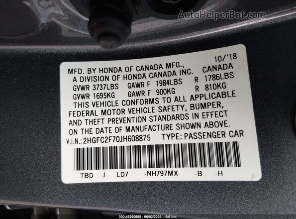 2HGFC2F70JH608875 2018 HONDA CIVIC Серый Вид подкапотного пространства