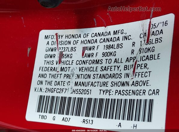 2HGFC2F71GH552051 2016 HONDA CIVIC Red Engine compartment view