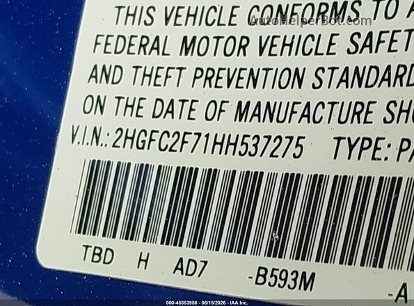 2HGFC2F71HH537275 2017 HONDA CIVIC Blue Շարժիչի բաժամունքի տեսք
