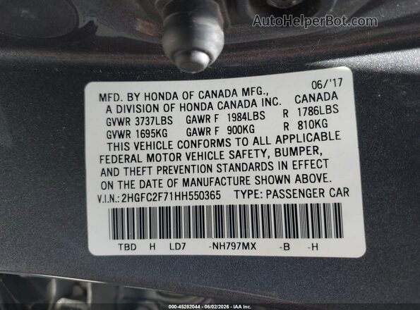 2HGFC2F71HH550365 2017 HONDA CIVIC Gray Вид підкапотного простору