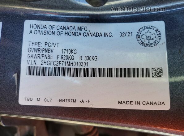 2HGFC2F71MH010301 2021 HONDA CIVIC Gray 