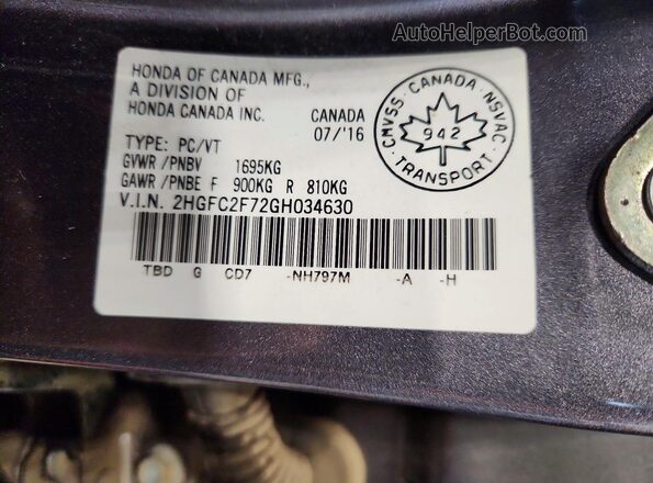 2HGFC2F72GH034630 2016 HONDA CIVIC Gray 