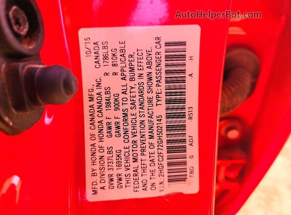 2HGFC2F72GH502145 2016 HONDA CIVIC Red 