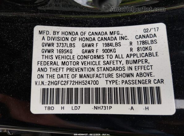 2HGFC2F72HH524700 2017 HONDA CIVIC Black Widok komory silnika