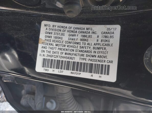 2HGFC2F72HH543621 2017 HONDA CIVIC Black ძრავის განყოფილების ხედი