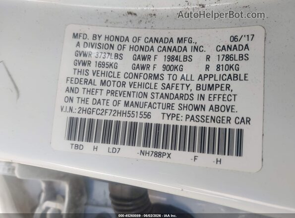 2HGFC2F72HH551556 2017 HONDA CIVIC White Вид підкапотного простору