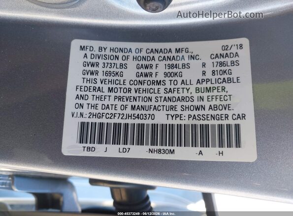2HGFC2F72JH540370 2018 HONDA CIVIC Silver Widok komory silnika