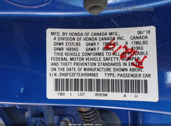 2HGFC2F72JH594963 2018 HONDA CIVIC Синий 