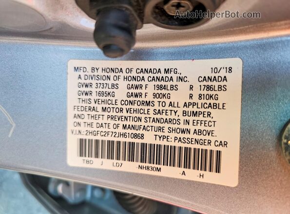 2HGFC2F72JH610868 2018 HONDA CIVIC Silver VIN კოდის სტიკერის ხედი
