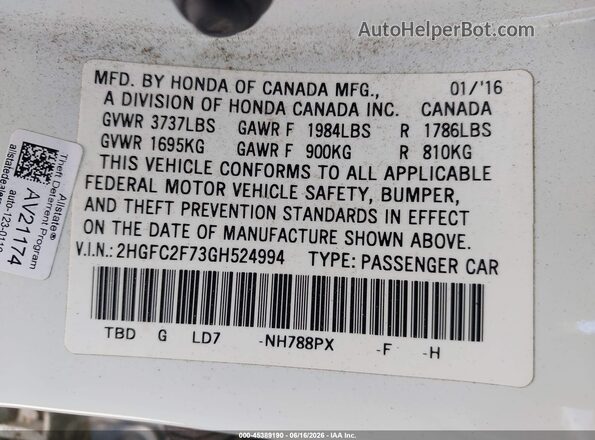 2HGFC2F73GH524994 2016 HONDA CIVIC White 