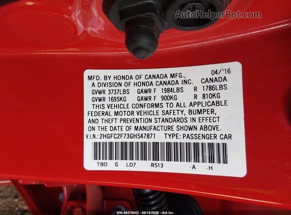 2HGFC2F73GH547871 2016 HONDA CIVIC Red Вид підкапотного простору