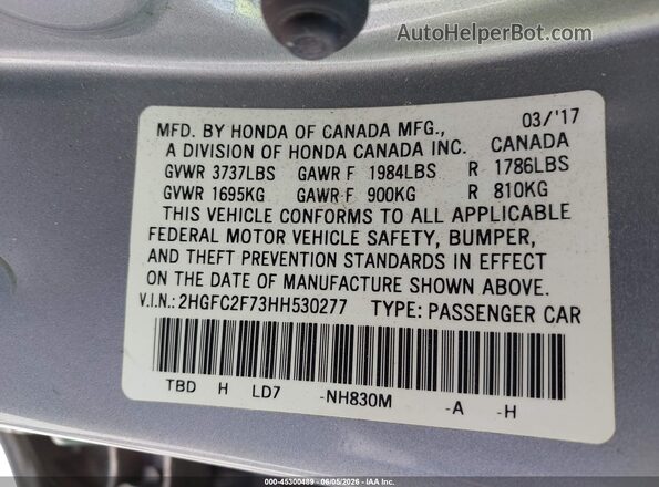 2HGFC2F73HH530277 2017 HONDA CIVIC Silver Widok komory silnika