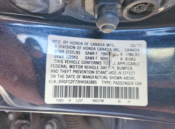 2HGFC2F73HH543885 2017 HONDA CIVIC Charcoal Vista del compartimento del motor