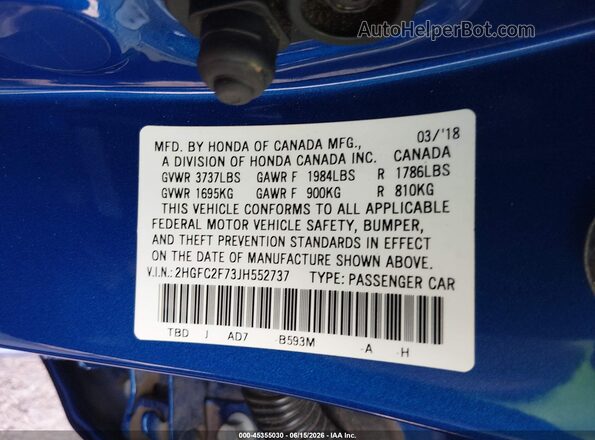 2HGFC2F73JH552737 2018 HONDA CIVIC Синий 