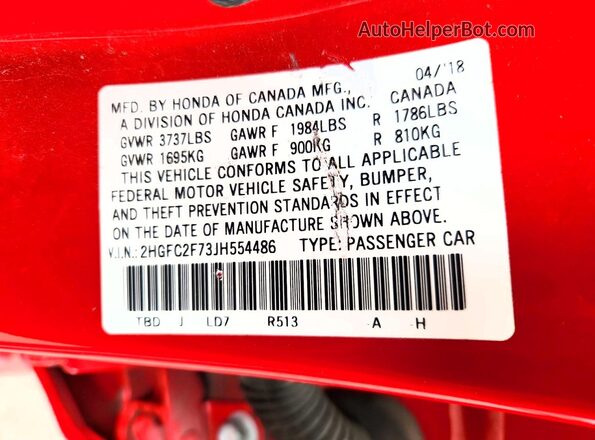 2HGFC2F73JH554486 2018 HONDA CIVIC Red Vista del compartimento del motor