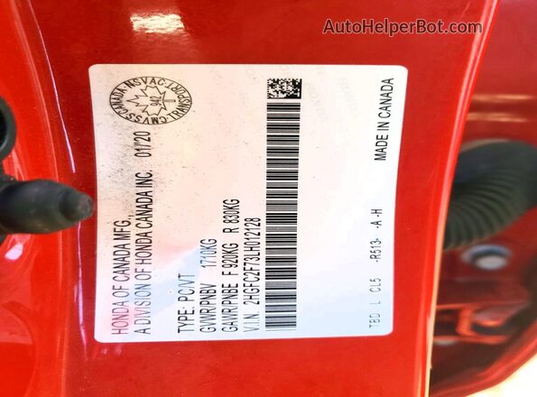 2HGFC2F73LH012128 2020 HONDA CIVIC Красный 