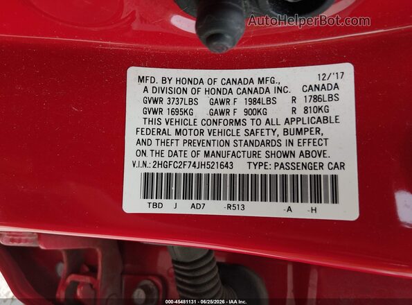 2HGFC2F74JH521643 2018 HONDA CIVIC Red Vista del compartimento del motor