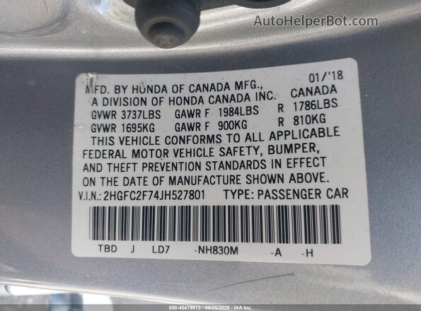2HGFC2F74JH527801 2018 HONDA CIVIC Silver Vista del compartimento del motor