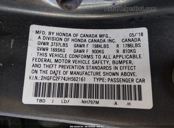 2HGFC2F74JH562161 2018 HONDA CIVIC Gray ძრავის განყოფილების ხედი