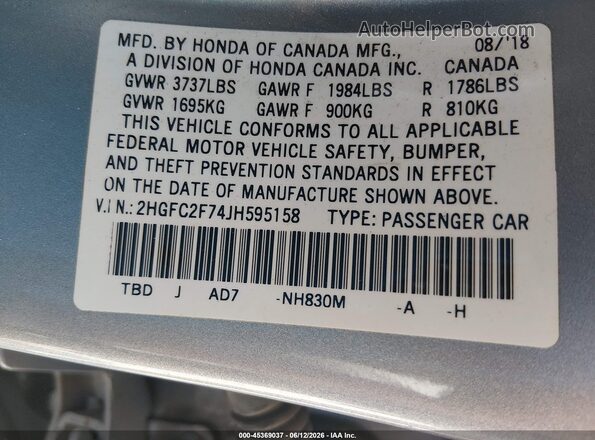 2HGFC2F74JH595158 2018 HONDA CIVIC Silver Engine compartment view