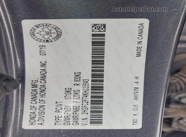 2HGFC2F74KH035643 2019 HONDA CIVIC Серый Вид подкапотного пространства