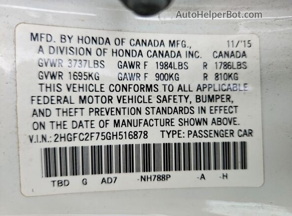 2HGFC2F75GH516878 2016 HONDA CIVIC White VIN კოდის სტიკერის ხედი