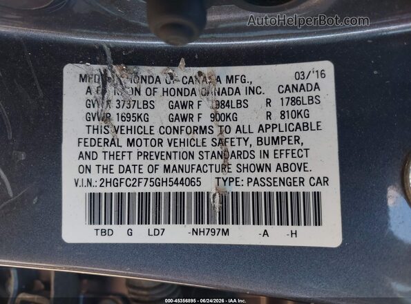 2HGFC2F75GH544065 2016 HONDA CIVIC Gray Vista del compartimento del motor