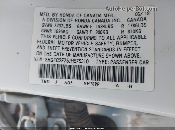 2HGFC2F75JH575310 2018 HONDA CIVIC White Շարժիչի բաժամունքի տեսք