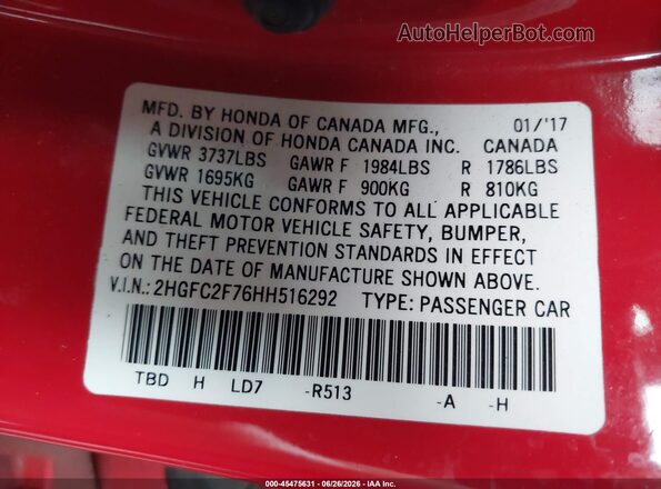 2HGFC2F76HH516292 2017 HONDA CIVIC Red Widok komory silnika