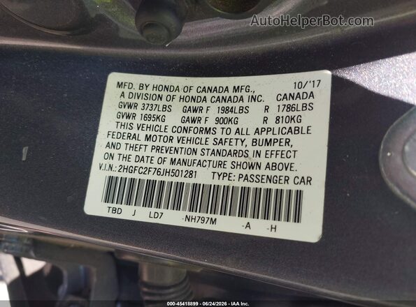 2HGFC2F76JH501281 2018 HONDA CIVIC Gray Vista del compartimento del motor