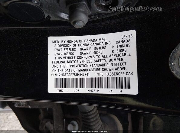 2HGFC2F76JH547841 2018 HONDA CIVIC Black Engine compartment view