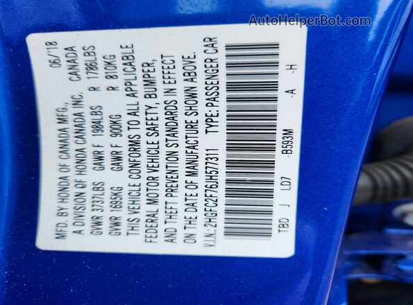 2HGFC2F76JH577311 2018 HONDA CIVIC Blue Widok komory silnika