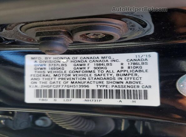 2HGFC2F77GH513996 2016 HONDA CIVIC Black Vista del compartimento del motor