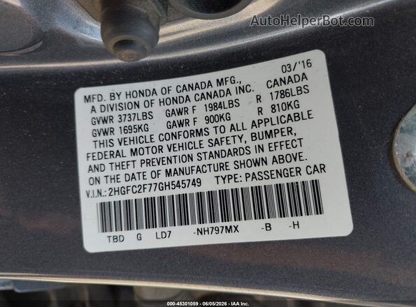 2HGFC2F77GH545749 2016 HONDA CIVIC Gray Շարժիչի բաժամունքի տեսք