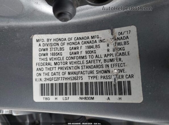 2HGFC2F77HH536275 2017 HONDA CIVIC Silver Շարժիչի բաժամունքի տեսք
