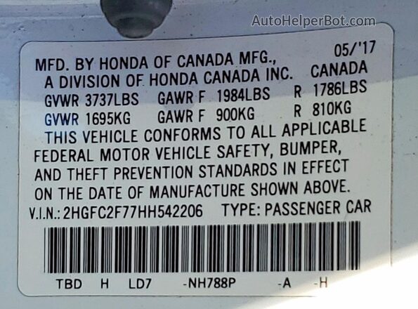 2HGFC2F77HH542206 2017 HONDA CIVIC White 