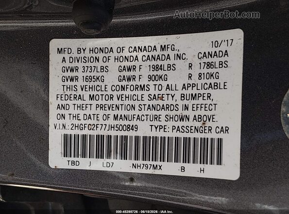 2HGFC2F77JH500849 2018 HONDA CIVIC Серый Вид подкапотного пространства