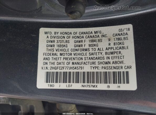 2HGFC2F77JH545791 2018 HONDA CIVIC Gray Շարժիչի բաժամունքի տեսք