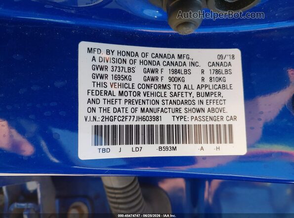 2HGFC2F77JH603981 2018 HONDA CIVIC Blue Շարժիչի բաժամունքի տեսք