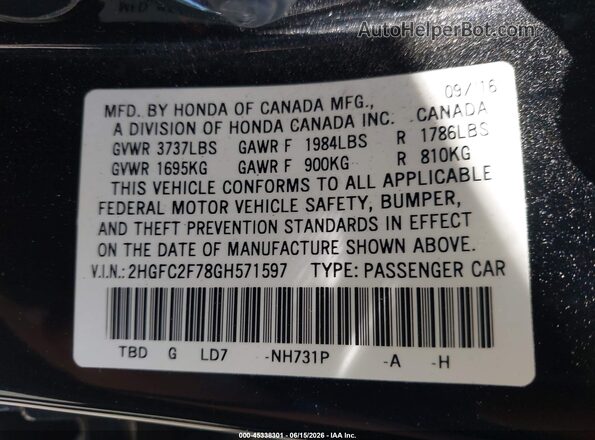 2HGFC2F78GH571597 2016 HONDA CIVIC Black Շարժիչի բաժամունքի տեսք