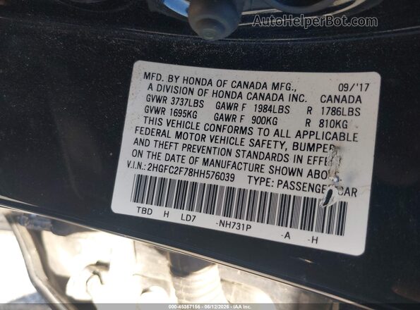 2HGFC2F78HH576039 2017 HONDA CIVIC Черный Вид подкапотного пространства
