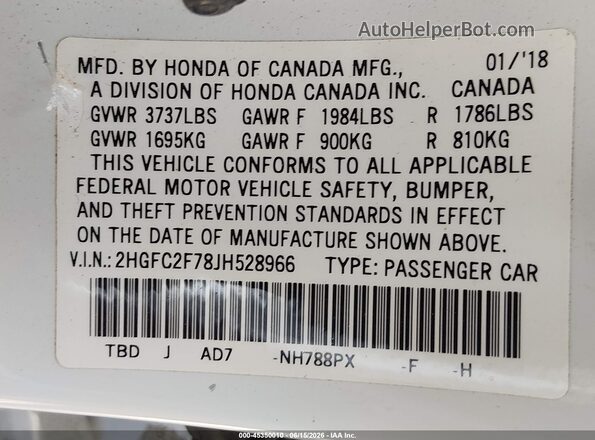 2HGFC2F78JH528966 2018 HONDA CIVIC White Vista del compartimento del motor