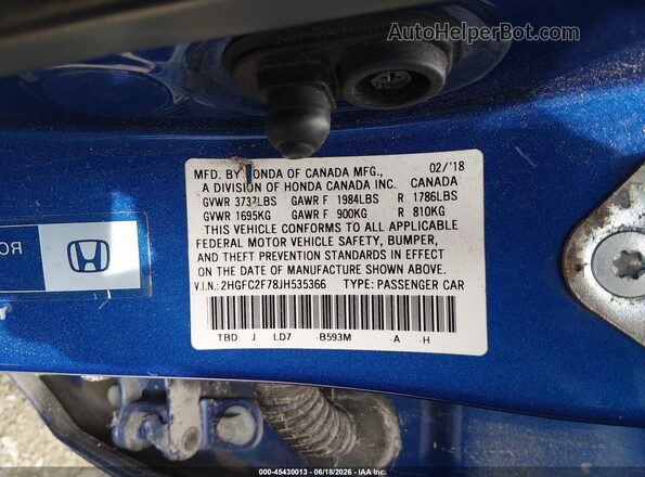 2HGFC2F78JH535366 2018 HONDA CIVIC Blue 
