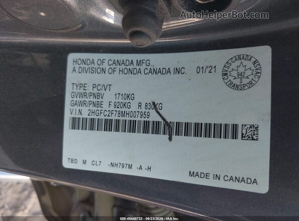 2HGFC2F78MH007959 2021 HONDA CIVIC Серый Вид подкапотного пространства