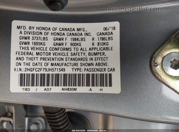 2HGFC2F79JH571549 2018 HONDA CIVIC Gray Widok komory silnika