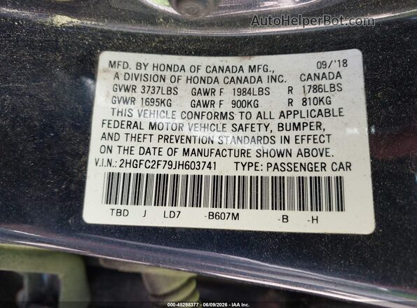 2HGFC2F79JH603741 2018 HONDA CIVIC Black Widok komory silnika