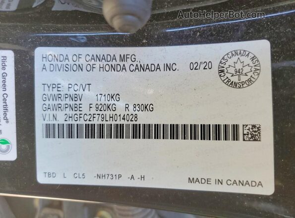 2HGFC2F79LH014028 2020 HONDA CIVIC Black Vista del compartimento del motor