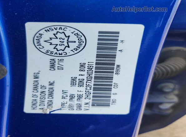 2HGFC2F7XGH034911 2016 HONDA CIVIC Blue Engine compartment view